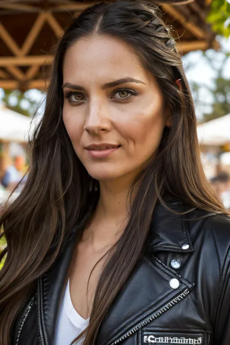 omn piercing eyes, looking straight, very happy,long hair, wearing an biker outfit, closeup portrait, in a outdoor cafe in 2015, afternoon light, <lora:OliviaMunn-RealVision-V1.0:1>