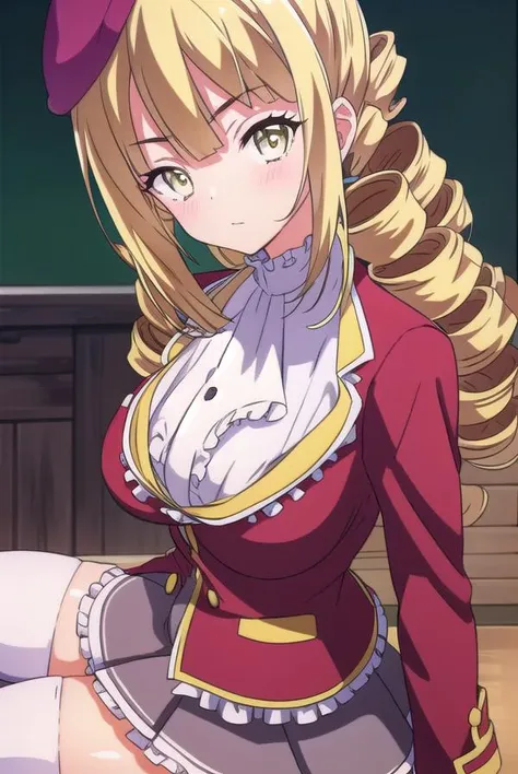 (masterpiece, best quality), 1girl,   <lora:Beelzebub_jou:0.8> beelzebubjou, very long hair, hair flaps, large breasts, blonde hair, pink dress, frilled dress, epaulettes, cleavage cutout, puffy short sleeves, wrist cuffs, white thighhighs