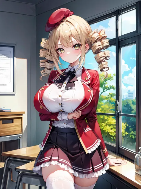 ((masterpiece, best quality, highres, distinct_image)), extremely beautiful and delicate, extremely detailed, intricate detail, cowboy shot, 1girl, solo, short stack, (huge breasts:1.2), ayame reikadou, blonde hair, yellow eyes, drill hair, (twin drills:1.5), 
BREAK red skirt, thighhighs, hat, red school uniform, white thighhighs, zettai ryouiki, beret,
BREAK looking at viewer, 
BREAK indoors, classroom,
vivid colors, colorful, bloom, sky, detailed face, detailed ornament, detailed frills,
<lora:etc_reikadou ayame:0.8> <lora:1CL_add details:0.25> <lora:1CL_short stack:1>