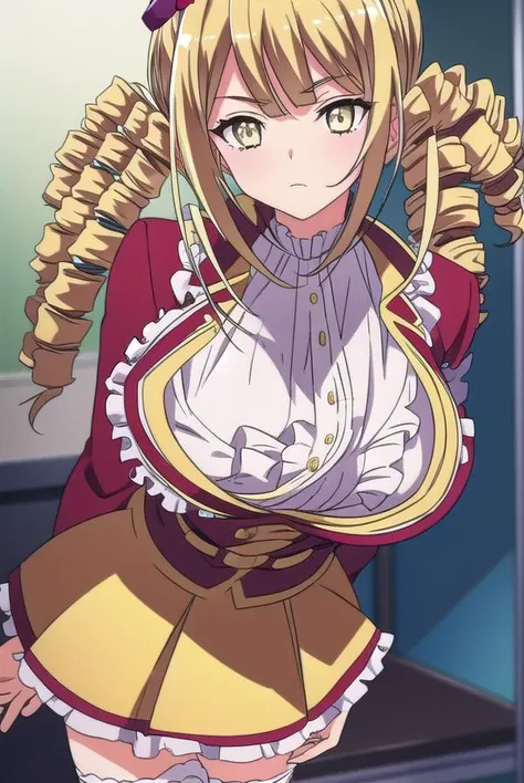 (highest quality), (masterpiece), (intricate high detailed body:1.2), gyaru, (oiled skin:1.1), 1girl, blonde hair, long hair, naughty face, (slim body:1.1), (gigantic breasts:1.3), (school uniform, skirt:1.1), hoop earrings, necklace, navel, purple eyes, open mouth, (tongue out:1.2), cowboy shot, classroom