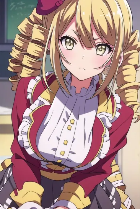 ayamereikadou, <lora:ayamereikadoutest:1>,
ayame reikadou, blonde hair, (yellow eyes:1.5), drill hair, (twin drills:1.5),
BREAK skirt, thighhighs, hat, school uniform, white thighhighs, zettai ryouiki, beret,
BREAK looking at viewer,
BREAK indoors, classroom,
BREAK <lora:GoodHands-vanilla:1>, (masterpiece:1.2), best quality, high resolution, unity 8k wallpaper, (illustration:0.8), (beautiful detailed eyes:1.6), extremely detailed face, perfect lighting, extremely detailed CG, (perfect hands, perfect anatomy),
