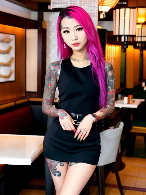 <lora:V4lSt33l3_v1:1>, slim asian girl in work outfit at sushi restaurant, multicolored pink hair, piercings, tattoos