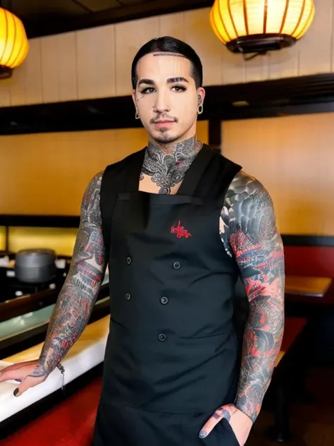 <lora:V4lSt33l3_v1:1>, slim man in work outfit at sushi restaurant, multicolored pink hair, piercings, tattoos