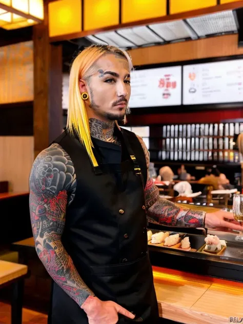 <lora:V4lSt33l3_v1:1>, man in work outfit at sushi restaurant, multicolored blonde hair, piercings, tattoos, V4lSt33l3