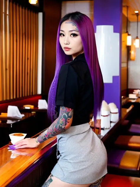 <lora:V4lSt33l3_v1:1>, slim asian girl in work outfit at sushi restaurant, multicolored purple hair, piercings, tattoos