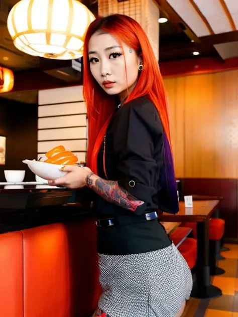 Asian girl,red hair,naked,sexy pose,breast tattoo,inked,full body dragon tattoo,sleeve tattoo,dragon tattoo
