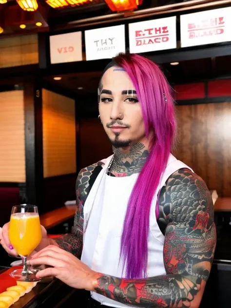 <lora:V4lSt33l3_v1:1>, man in work outfit at sushi restaurant, multicolored pink hair, piercings, tattoos, V4lSt33l3