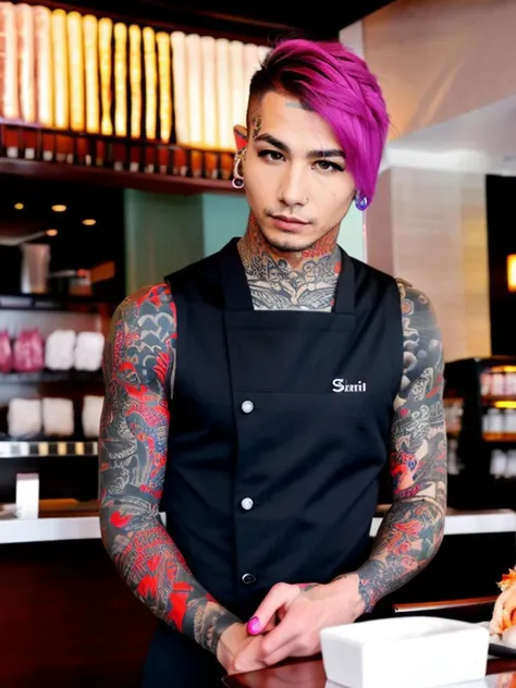 <lora:V4lSt33l3_v1:1>, slim man in work outfit at sushi restaurant, multicolored pink hair, piercings, tattoos