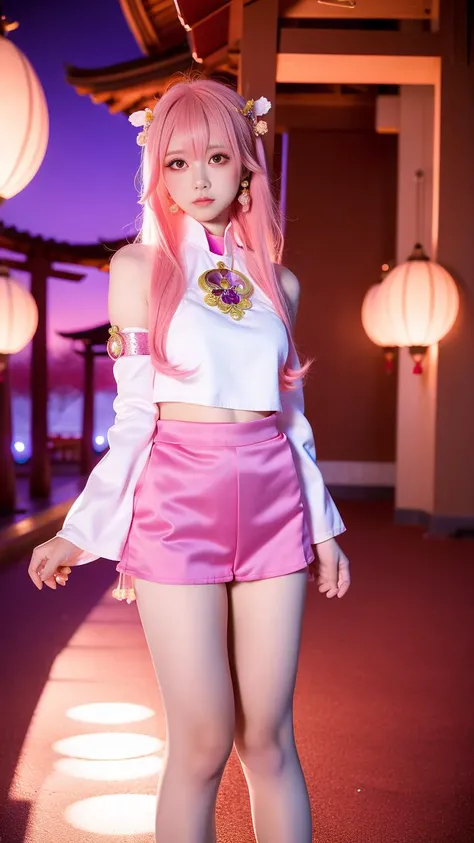 1girl, kpop idol, yae miko, detached sleeves, pink hair, long hair, best quality, (photorealistic:1.2), (hair ornament:1.35), jewelry, purple eyes, earrings, large breasts, torii, cherry blossoms, lantern light, depth of field, detailed face, face focus, (looking at viewer:1.25), shiny skin, long sleeves, smile, thick lips, game cg, thighhighs, east asian architecture, blurry background, full body, arms behind back,<lora:yaeMikoRealistic_yaemikoMixed:0.6> <lora:jisooBlackpink_v1:0.3>,hands behind <lora:AligaLora_v1:0.6>