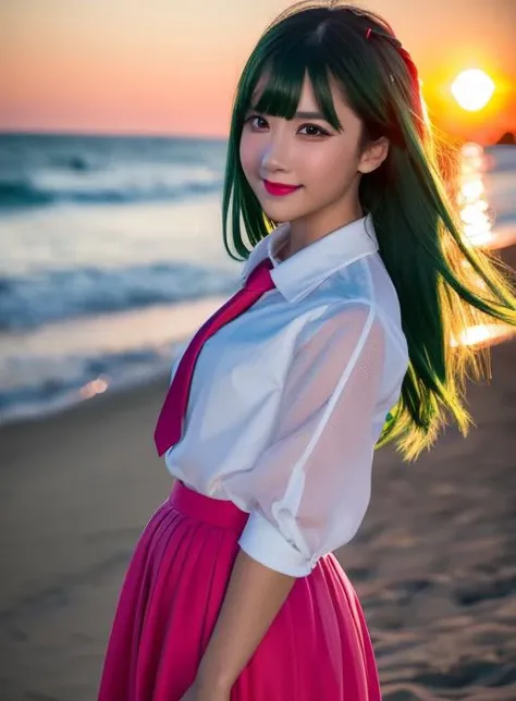 memegirl,  <lora:memgirl_v2:1>,
masterpiece, best quality, (photorealistic:1.2), extremely_detailed_eyes_and_face, detailed face,  depth of field, detailed face, face focus, ,((ultra skin detail)):10 ,portrait,
[ blurry background],((8k, highest quality, masterpiece)), High detail RAW photo, (realistic, photo realism:1. 37), (highest quality), (best shadow), (best illustration), ultra high resolution, physics-based rendering, cinematic lighting,extremely_detailed_eyes_and_face,detailed face, shiny skin, smile, thick lips,  (portrait),  ultra-detailed, highres, 8k, (best quality), physically-based rendering, Realistic photography,
finely makeup, makeup, pink lipstick, pink eye shadow,
black skirt, college student, dark green hair, dark green blond hair, sunset:5, (blue|red|orange sky),(standing on beach):5,Bondi beach, sea, spindrift,
1girl, petite, (looking at viewer:1.5),[large breasts],
medium shot, standing,
(Draw only one person)