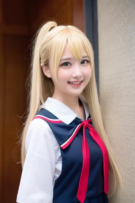 Blonde hair girl in sailor suit posing for photo, Anime girl cosplay, Ayaka Cosplay, Larisa Manobal, dressed as schoolgirl, Cute Schoolgirl, a hyperrealistic schoolgirl, real life anime girl, Anime Cosplay, young anime girl, Belle Delphine, loli in dress, small curvy loli, a hyperrealistic schoolgirl,swim wears