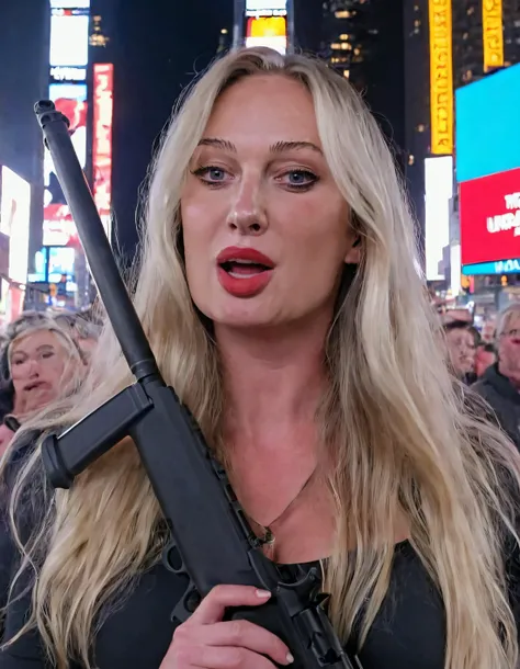 Marina Haines, a blonde with long, waving hair and red lips, stood solo in Times Square during the frenetic evening, gazing into the camera as if to convey her deepest thoughts, while clutching an unexpected yet realistic-looking rifle that caught everyone's attentionâa striking image of strength amidst the chaotic cityscape. <lora:gksmql18f210885cdic9:1>