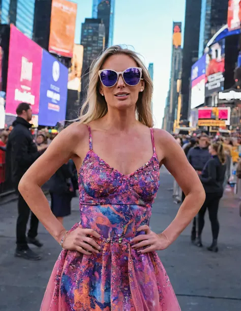 Marina Haines, clad in a vibrant tulle dress that seamlessly combines bold patterns with soft flowing fabrics, captivated the heart of modern New York as she stood against the backdrop of Times Square's unseasonably warm autumn evening, her oversized sunglasses with mirrored lenses and delicately adorned straps featuring miniature cityscape charms, adding a stylish touch to her dynamic pose amidst the bustling crowds. <lora:gksmql18f210885cdic9:1>