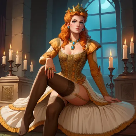 score_9, score_8_up, score_7_up, score_6_up, score_5_up, score_4_up, disney cartoon,
1girl, solo, full body,
dark background, night, castle bedroom, medieval architecture, candlelight, night sky, on windowsill,
(lingerie, gold trim, thigh high socks, covered toes:1.2),
sitting, facing away, knee up,
zPDXL2 <lora:add-detail-xl:2> <lora:Anna HenriettaPonyLoRA:1> anhnritta, long hair, wavy hair, crown, mole under eye, earrings, dress, necklace, gem, ring
