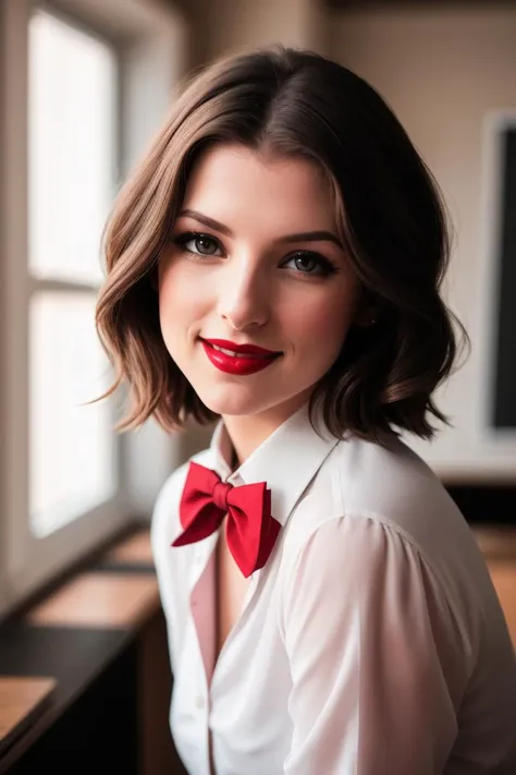 annakendrick-308,(epic), ,photo of a woman, RAW,  close portrait photo, ((bowtie, shirt)),((short hair)), ((classroom, sitting)), slim body, ((detailed skin, detailed face):1.2), ((detailed eyes, beautiful eyes)), 8k uhd, dslr, soft lighting, high quality, film grain, Fujifilm XT3 sharp focus, f 5.6,((red lipstick, blush)) , smiling