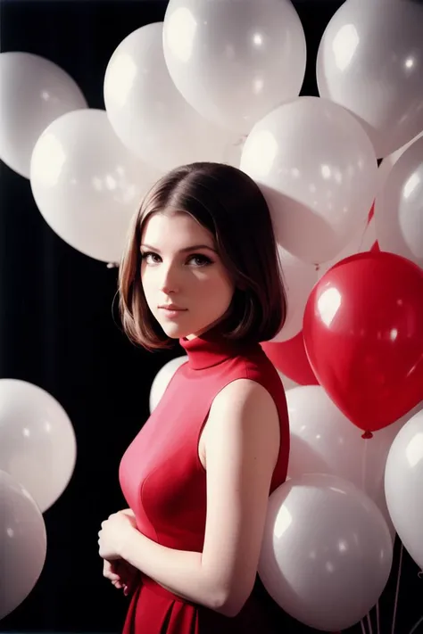 annakendrick-308,(epic), , photo of a woman,  ,fashion portrait photo of a woman from the 60s wearing a red turtleneck standing in the middle of a ton of white balloons, taken on a hasselblad medium format camera