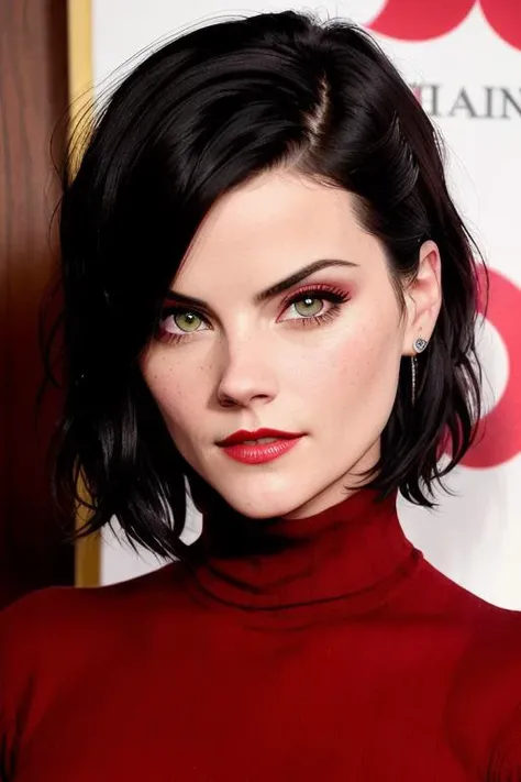 photo of jamiealex-2400:0.99, a woman, ((short hair)),((turtleneck sweater)), library, books, bookshelves, (red lipstick, eyeliner, eye shadow), ((detailed face, detailed eyes):1.3), ((closeup, portrait):1.2)