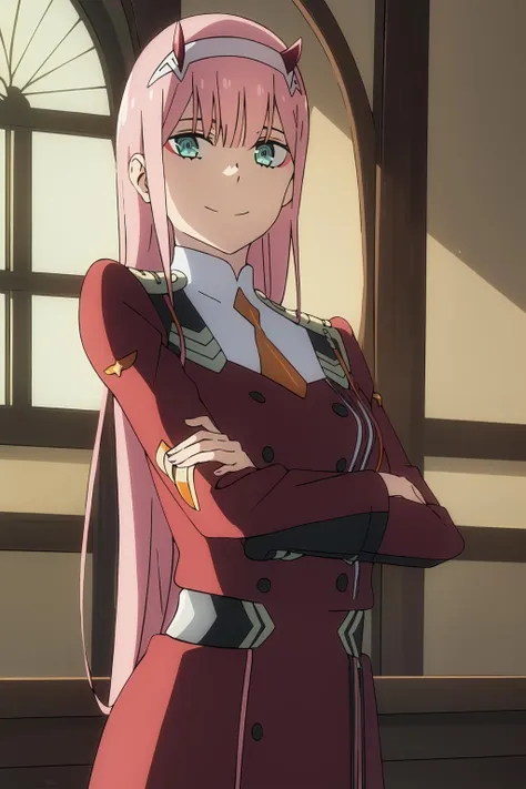 ((best quality)),((highly detailed)),masterpiece,absurdres,detailed face,beautiful face,((detailed eyes, deep eyes)),(1girl),((dynamic pose)),   <lora:Zero_TwoV1:1>,Zero_Two, 1girl, long hair, solo, pink hair, green eyes, horns, smile, looking at viewer, window, hairband, necktie, short necktie, uniform, white hairband, bangs, upper body, orange necktie, military uniform, indoors, military, closed mouth, very long hair, eyeshadow, makeup, anime coloring, double-breasted, straight hair, long sleeves, buttons, red dress, breasts, jacket, standing, red jacket,