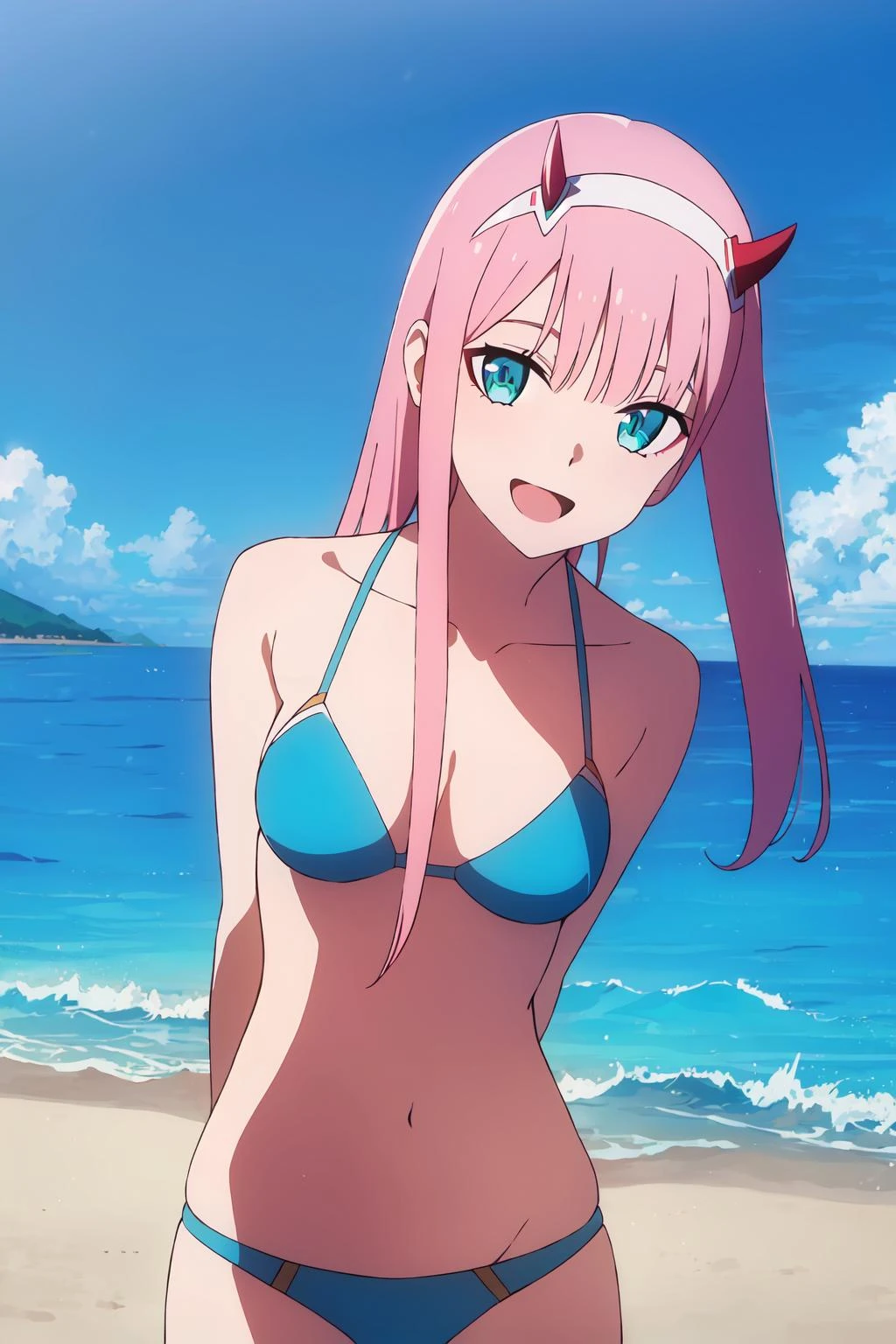 ((best quality)),((highly detailed)),masterpiece,absurdres,detailed face,beautiful face,((detailed eyes, deep eyes)),(1girl),((dynamic pose)), <lora:Zero_TwoV1:0.7>Zero_Two, green eyes, 1girl, long hair, horns, pink hair, smile, open mouth, breasts, outdoors, sky, day, solo focus, medium breasts, :d, cloud, water, solo, oni horns, hairband, bikini, beach background, (hands behind back), leaning towards viewer, cowboy shot