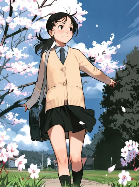 masterpiece, best quality, <lora:comiclo-xl-a3.1:1>,1girl, solo, flower, black hair, bag, skirt, outdoors, ponytail, sky, cherry blossoms, day, school uniform, cardigan, necktie, tree, cloud, grass, black eyes, school bag, socks, black skirt, wind, blue sky, black socks, walking, long sleeves, shirt, collared shirt, petals