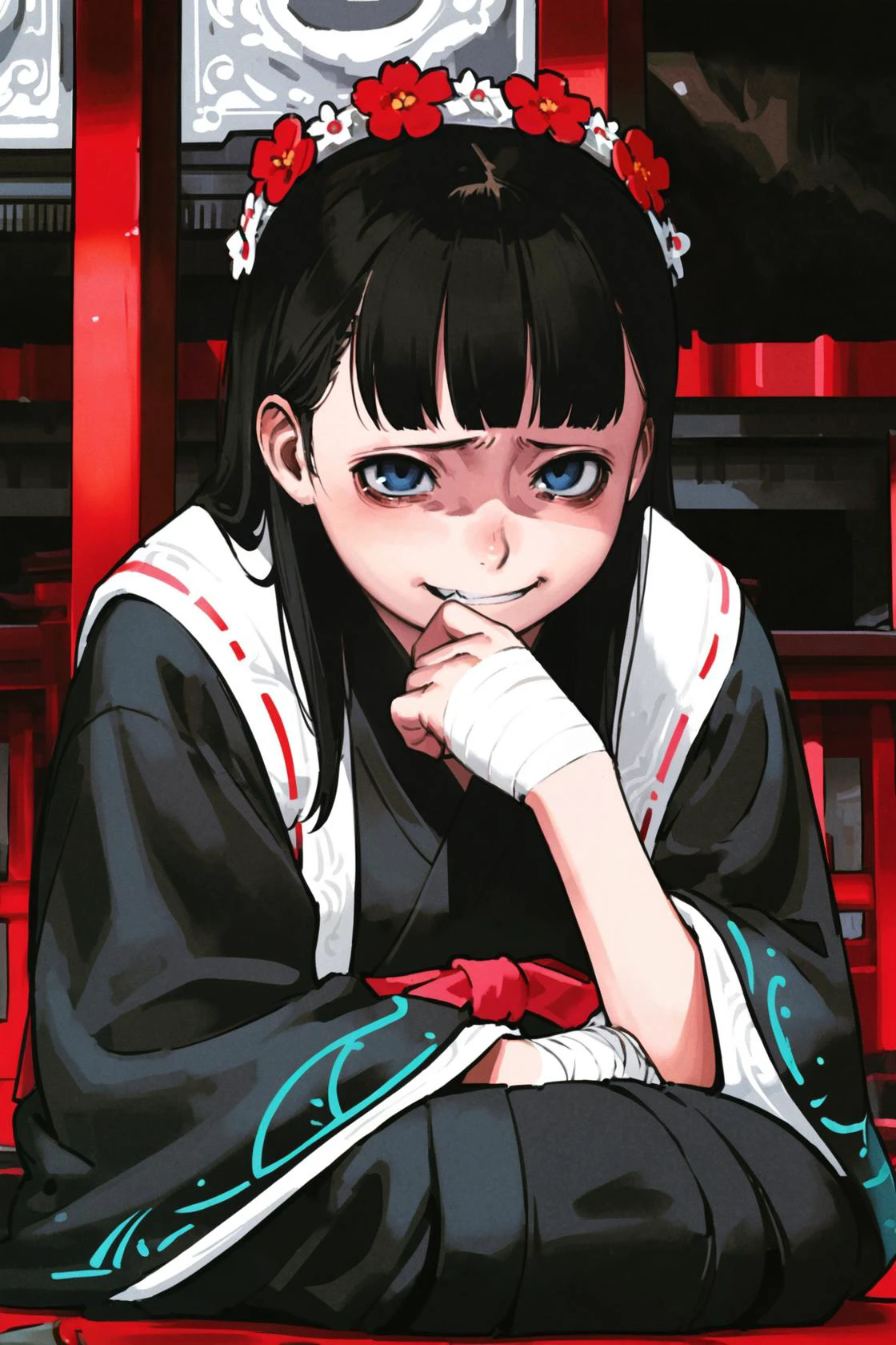 highly detailed,simple background,black background,high quality,young girl,black yukata,,looking_at_viewer,korean eyes,hair on sides,hair behind ears,buddhist sitting,meditation pose,half open eyes,from far,bandage on hands,inside japanese temple,
BREAK
long black hair,fringe hair,(Shrine Maiden,miko:1.1),blue eyes,red small-flower crown,(evil smile, disgust ,:1.2),tired eyes,clenched teeth,<lora:comiclo-xl-a3.1:1>,