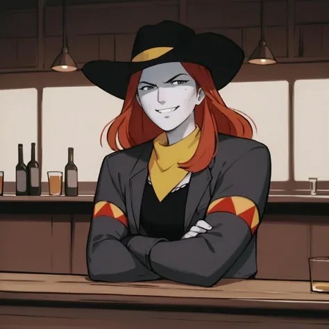 (score_9, score_8_up, score_7_up, score_6_up, score_5_up), (source_western, rating_safe), BREAK 1girl, solo female, female focus, <lora:Calamity_Jane_v2:0.6> caljane, red hair, long hair, green eyes, pale skin, jacket, yellow bandana, black hat, cowboy hat, smirking, sitting at bar, silhouettes in background, <lora:comiclo-xl-pony:0.5> <lora:Maplefox:0.5> <lora:LineArt Mono Style LoRA_Pony XL v6:0.4>