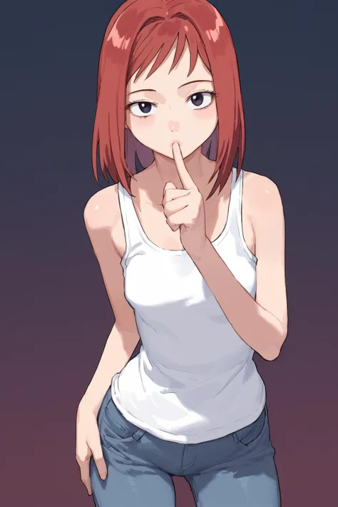 1girl,solo,mamimi_samejima,perfect small breasts,white tank top,tight jeans,looking at the viewer,seductive smile,hand on waist,dark background,cowboy shot,bored,red hair,eyelid pull finger,taunt,
BREAK
(score_9,score_8_up,score_7_up),<lora:Mamimi_Samejima_2:0.85>,<lora:comiclo-xl-a3.1:1.1>,