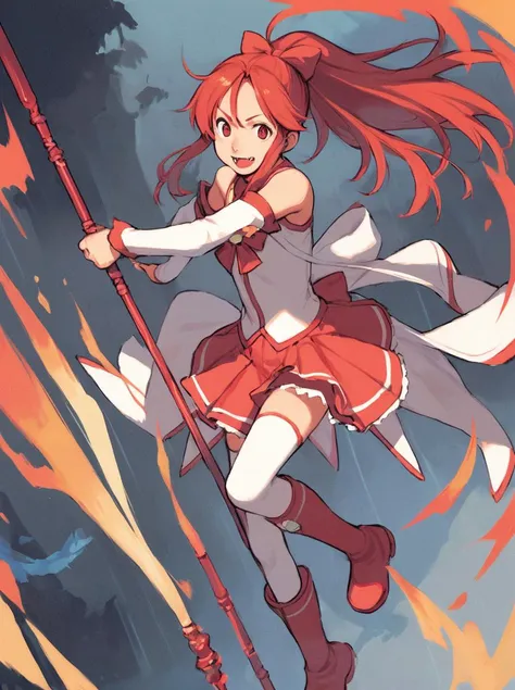 score_9_up,score_8_up,score_7_up, <lora:comiclo-xl-pony:0.7>,1girl, sakura kyouko, red hair, magical girl, thighhighs, red eyes, ponytail, polearm, weapon, spear, long hair, boots, bare shoulders, detached sleeves, open mouth, solo, bow, hair bow, fang, skirt