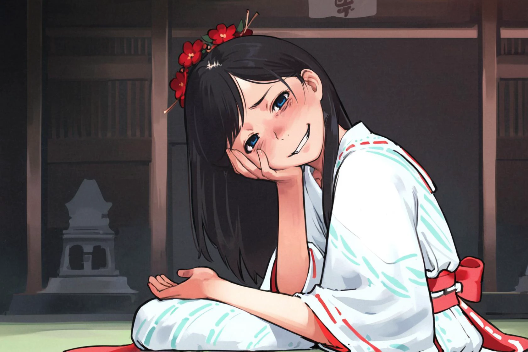 highly detailed,simple background,black background,high quality,young girl,looking_at_viewer,korean eyes,hair on sides,hair behind ears,sitting,buddhist sitting,meditation pose,half open eyes,(scars, bandages:0.65),from far,inside japanese temple,facing viewer,full body,
BREAK
long black hair,fringe hair,(Shrine Maiden,miko:1.1),blue eyes,red small-flower crown,(suicide:1.2),head tilt,(evil smile, disgust ,:1.2),tired eyes,japanese dark-spirits,<lora:comiclo-xl-a3.1:1>,