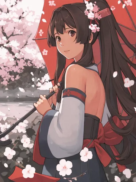 score_9_up,score_8_up,score_7_up, <lora:comiclo-xl-pony:0.7>,1girl, long hair, yamato (kancolle), solo, brown hair, ponytail, very long hair, hair ornament, detached sleeves, red eyes, umbrella, cherry blossoms, flower, looking at viewer, petals, hair flower, headgear, looking back, brown eyes, white background, bare shoulders, skirt