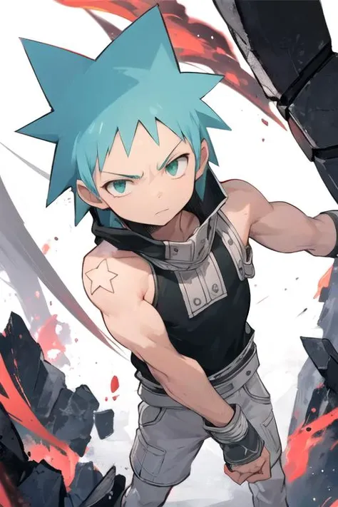 masterpiece, best quality, , 1boy, solo, male focus, looking at viewer, , , , , <lora:black_star_soul_eater:0.72>, black_star_soul_eater, blue hair, green eyes, , muscle shirt, homburg, science fiction xenopunk, 32k resolution