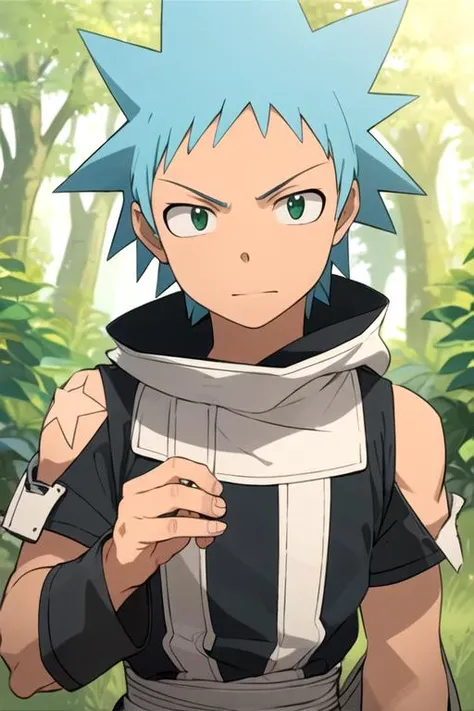 masterpiece, best quality, wallpaper, 1boy, solo, male focus, looking at viewer, upper body, depth of field, anime coloring, realistic, <lora:black_star_soul_eater:0.66>, black_star_soul_eater, blue hair, green eyes, spiked hair, , Xanadu: A magical kingdom ruled by a wise and benevolent queen, HD-DVD