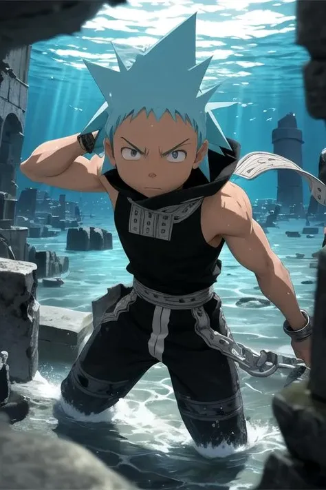 masterpiece, best quality, movie still, 1boy, solo, male focus, looking at viewer, , depth of field, , , <lora:black_star_soul_eater:0.74>, black_star_soul_eater, blue hair, green eyes, spiked hair, , Atlantis: A lost city of great wisdom and power, now drowned beneath the sea,