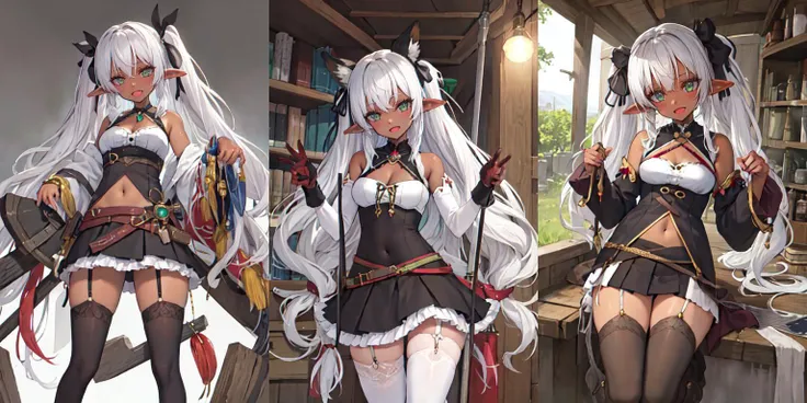 highly insanely detailed, masterpiece, top quality, best quality, highres, 4k, 8k, RAW photo, (very aesthetic, beautiful and aesthetic), 1girl, <lora:tsurusaki:1>, tsurusaki, tsurusaki, pointy ears, elf, green eyes, long hair, thighhighs, large breasts, dark-skinned female, navel, hair ribbon, dark skin, braid, open mouth, ribbon, white thighhighs, looking at viewer, cleavage, weapon, smile, blush, very long hair, bare shoulders, bracelet, jewelry, revealing clothes, twintails, white hair, paw pose
