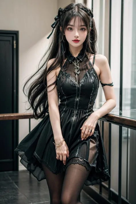 best quality,[masterpiece],((beautiful:0.75) cute girl:0.75),Professional,photo_(medium),ultra-fine painting,1girl,(long hair:1.4),(front:1.3),(standing:1.3),transparent background,close-up,knees up,
<lora:add_detail:1>,<lora:Special clothes58:0.75>,Special clothes58,black dress,pantyhose,green ribbon,striped,