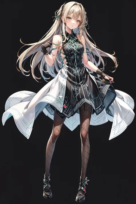 masterpiece,best quality,1girl,right hand in waist,azur lane unzen,\(herrscher of finality\),pearl colored hair tie,solo,full body,pale skin,light pearl colored hair,multicolored hair,full body,cute fantasy white dress,very long hair floating around,light pearl colored eyes,(white eyelashes),+ +,tight black pantrose,(((big breasts side cleavage))),floating light angel blades,closed mouth,silver amor pieces, ((fantasy character)), anime character sheet