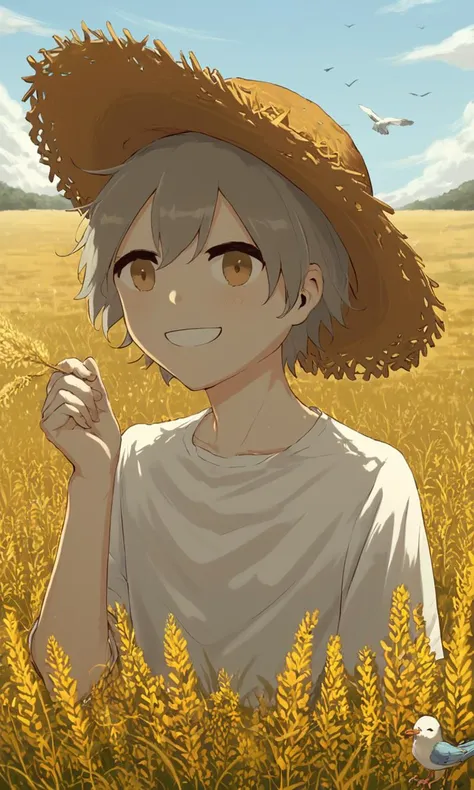 score_9, score_8_up, score_7_up, score_6_up, score_5_up, score_4_up, avogado6 style, 1boy, silver hair, smiling, warm, cozy, in a wheat field, looking at viewr, straw hat, bird, happy, summer, white shirt, yellow shors, wide view, detailed face