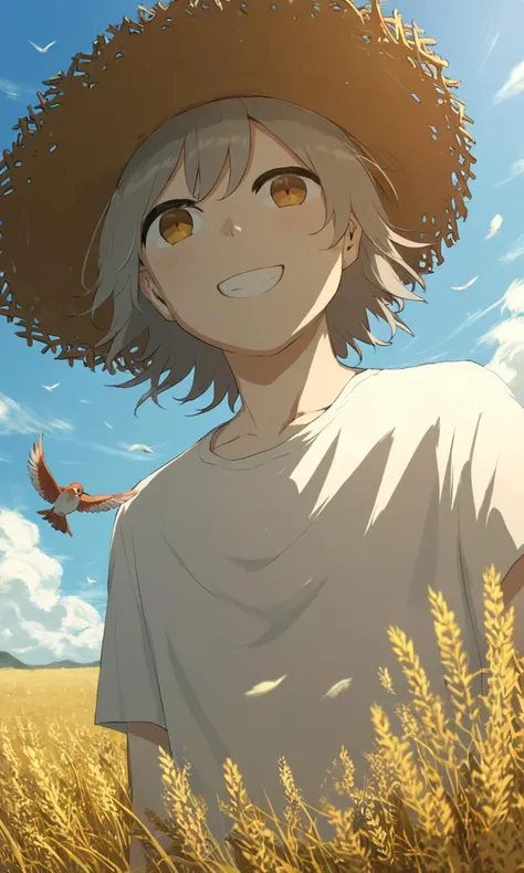 score_9, score_8_up, score_7_up, score_6_up, score_5_up, score_4_up, avogado6 style, 1boy, silver hair, smiling, warm, cozy, in a wheat field, looking at viewr, straw hat, bird, happy, summer, white shirt, yellow shors, wide view, detailed face