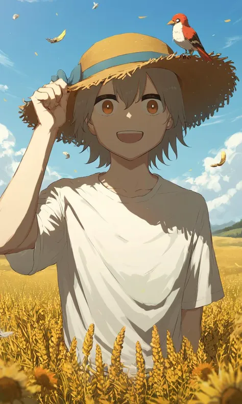 score_9, score_8_up, score_7_up, score_6_up, score_5_up, score_4_up, avogado6 style, 1boy, silver hair, smiling, warm, cozy, in a wheat field, looking at viewr, straw hat, bird, happy, summer, white shirt, yellow shors, wide view, detailed face