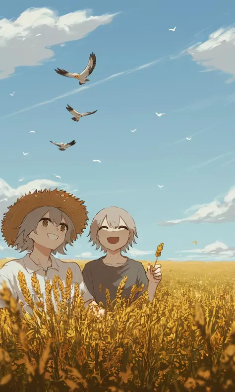 detailed face, score_9, score_8_up, score_7_up, score_6_up, score_5_up, score_4_up, avogado6 style , 1boy, silver hair, smiling, warm, cozy, in a wheat field, looking at viewr, straw hat, bird, happy, summer, white shirt, yellow shors, wide view, detailed face