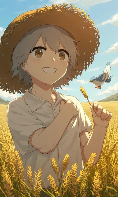 score_9, score_8_up, score_7_up, score_6_up, score_5_up, score_4_up, avogado6 style, 1boy, silver hair, smiling, warm, cozy, in a wheat field, looking at viewr, straw hat, bird, happy, summer, white shirt, yellow shors, wide view, detailed face