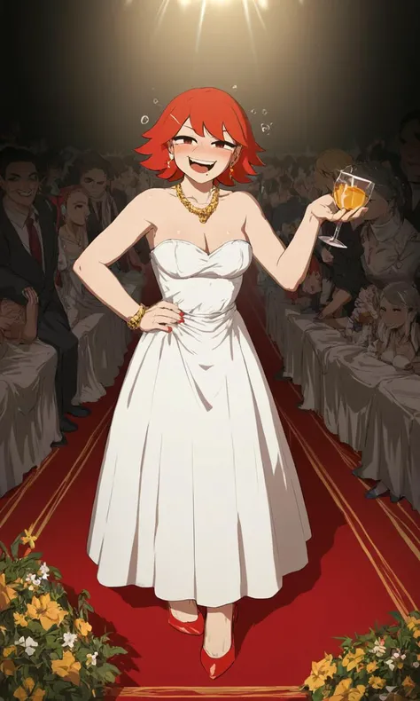 detailed girl face, score_9, score_8_up, score_7_up, score_6_up, score_5_up, score_4_up, avogado6 style , 1girl, woman, red hair, smug, prom dress, white dress, golden necklace, drunk, on red carpet, oscars festival, looking at viewer, posing for a picture, hands on waist, high heels, pointy heels, busty, detailed face