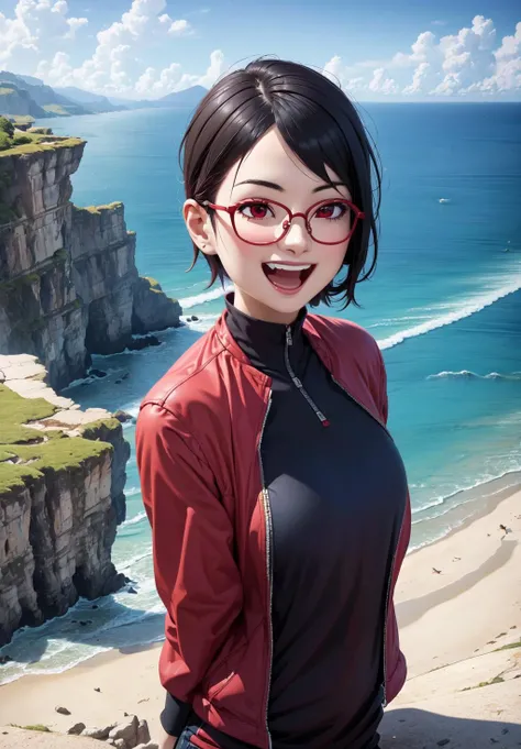 (Digital Artwork:1.3), 1girl, sfw, <lora:uchiha_sarada:0.8>, uchiha_sarada, 1girl, solo,, light skin, quarter turn,1/4 body pose, upper body view, eyes focus, looking at the viewer, (happy, excited, open mouth:1.3), red eyes, clear glasses, petite body, in early twenties, petite breasts, traning outfit, dramatic cliffs overlooking the ocean, (masterpiece, best quality, absurdres, detailed, ultra-detailed:1.3), gorgeous, (trending on CGSociety, trending on pixiv, contest winner:1.3)