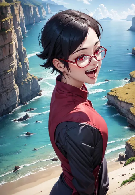 (Digital Artwork:1.3), 1girl, sfw, <lora:uchiha_sarada:0.8>, uchiha_sarada, 1girl, solo,, light skin, quarter turn,1/4 body pose, upper body view, eyes focus, looking at the viewer, (happy, excited, open mouth:1.3), red eyes, clear glasses, petite body, in early twenties, petite breasts, uniform, dramatic cliffs overlooking the ocean, (masterpiece, best quality, absurdres, detailed, ultra-detailed:1.3), gorgeous, (trending on CGSociety, trending on pixiv, contest winner:1.3)