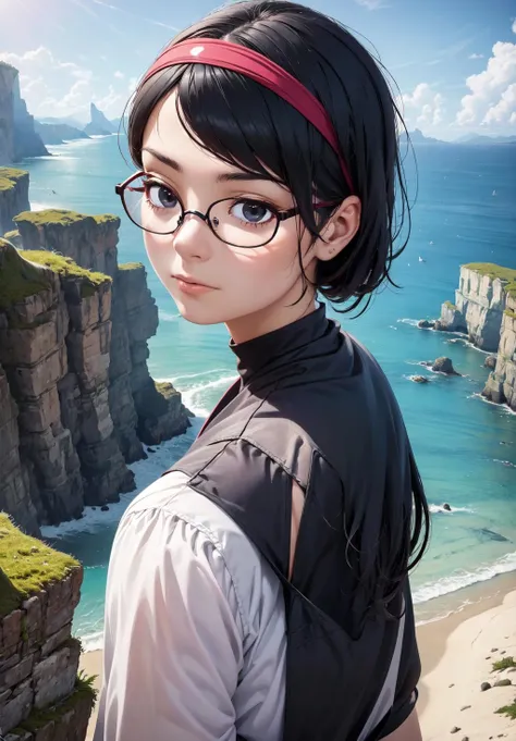 (Digital Artwork:1.3), 1girl, sfw, <lora:uchiha_sarada:0.8>, uchiha_sarada, 1girl, solo,, light skin, quarter turn,1/4 body pose, upper body view, eyes focus, looking at the viewer, (dreamy facial expression:1.3), black eyes, hairband, clear glasses, petite body, in early twenties, petite breasts, Ninja costume, dramatic cliffs overlooking the ocean, forehead protector, (masterpiece, best quality, absurdres, detailed, ultra-detailed:1.3), charming, (trending on CGSociety, trending on pixiv, contest winner:1.3)