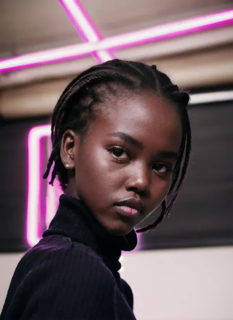 photo of sks woman doing a modelshoot, modelshoot style, wearing black pullover with pink neon letters, posing for the camera, Sharp, 8k,  <lyco:adutAkech:1.3>