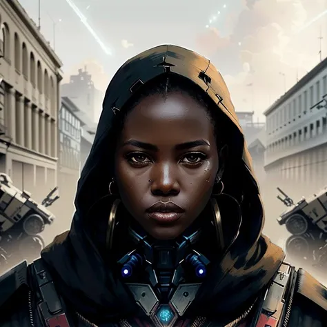 <lyco:adutAkech:1.2>, a bust shot portrait of black sks woman wearing (intricate assassin robes), futuristic mechwarrior battle raging in the background, <lora:lovecraftstyle-000007:0.2>, Greg Rutkowski, photorealistic, masterpiece