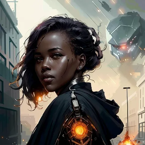 <lyco:adutAkech:1.3>, a bust shot portrait of black sks woman wearing (intricate assassin robes), futuristic mechwarrior battle raging in the background, <lora:lovecraftstyle-000007:0.4>, Greg Rutkowski, photorealistic, masterpiece