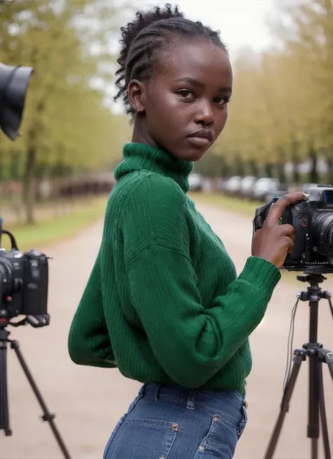 a photo of sks woman doing a modelshoot, modelshoot style, wearing green pullover, posing for the camera, Sharp, 8k, <lyco:adutAkech:1.3>