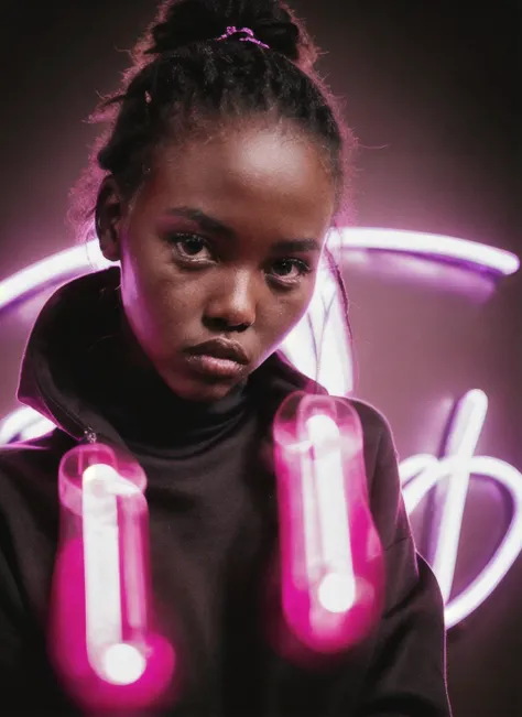 photo of sks woman doing a modelshoot, modelshoot style, wearing black pullover with pink neon letters, posing for the camera, Sharp, 8k,  <lyco:adutAkech:1.3>